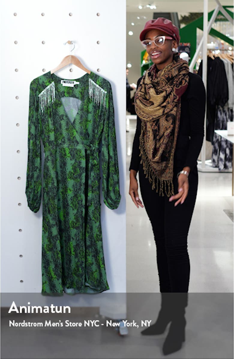 Kira Snake Print Crystal Fringe Long Sleeve Midi Dress, sales video thumbnail