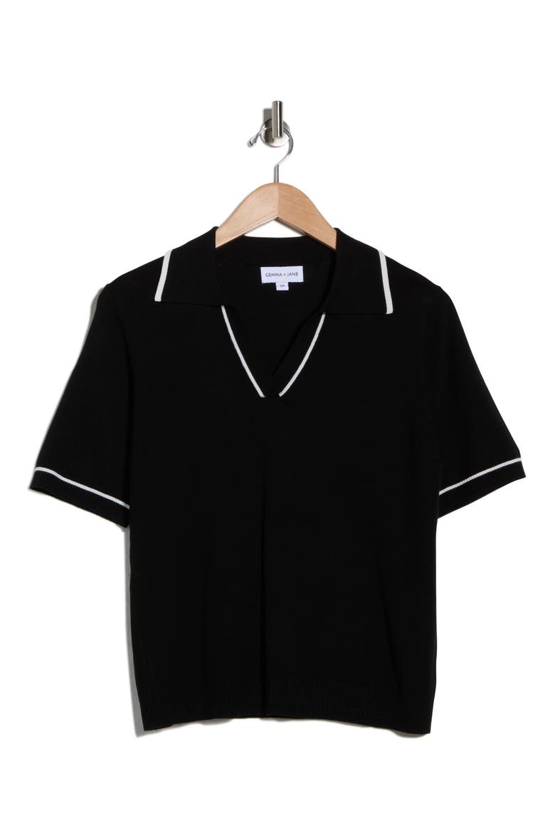 Tipped Johnny Collar Polo Sweater, Alternate, color, BLACK