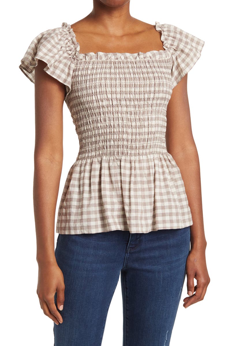 MAX STUDIO Plaid Flutter Sleeve Smocked Top, Main, color,