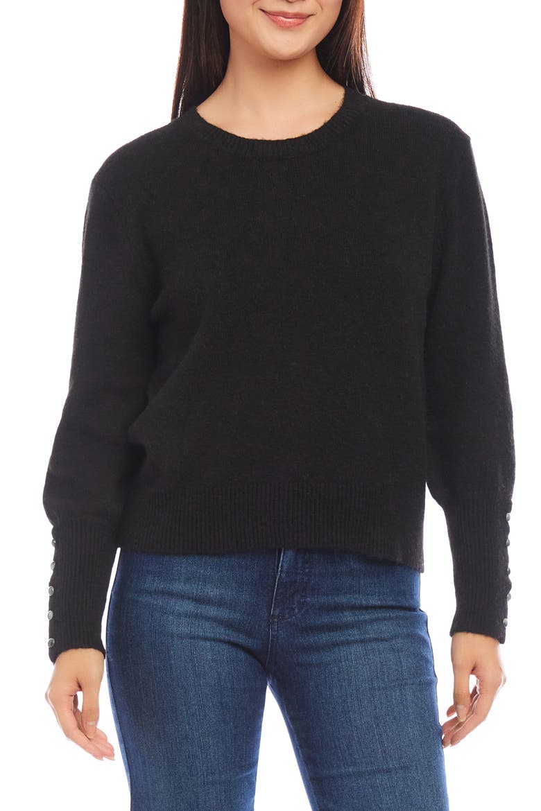 Button Cuff Crewneck Sweater, Main, color, BLACK