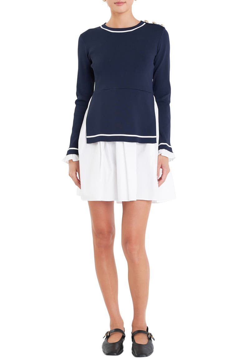 Mixed Media Long Sleeve Minidress, Main, color, NAVY