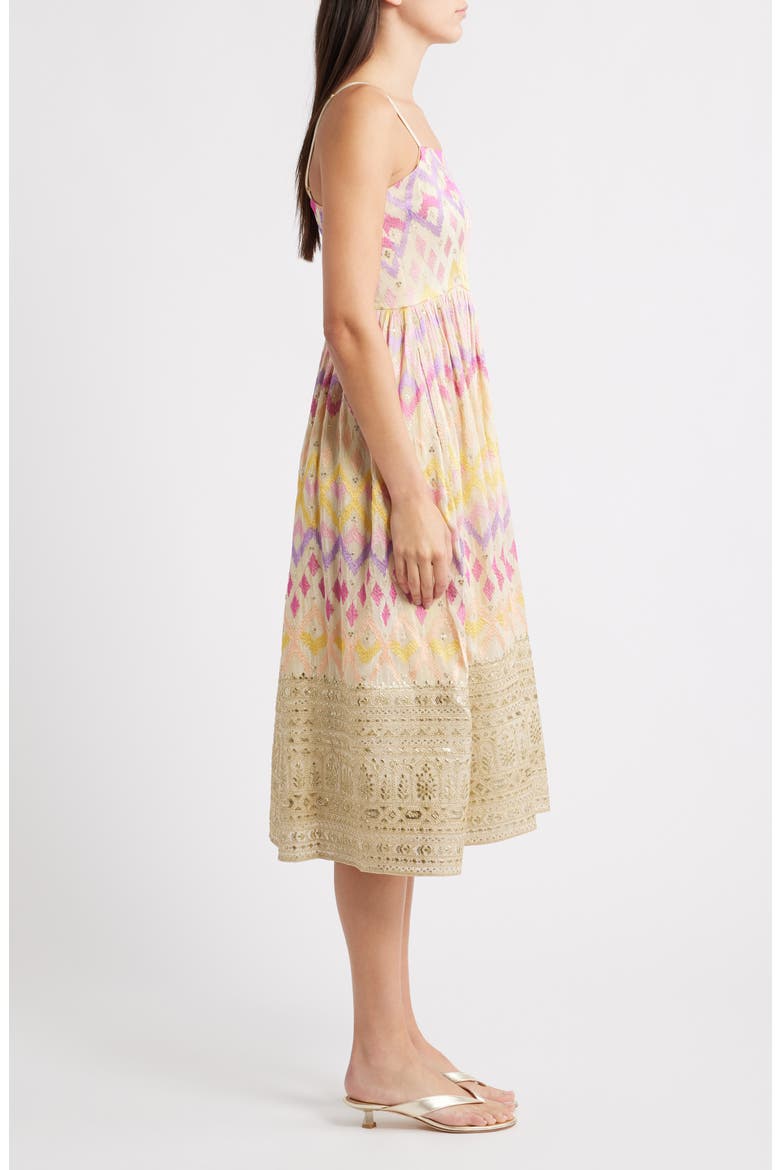 Emma Embroidered Fit & Flare Midi Dress, Alternate, color, PINK/ YELLOW