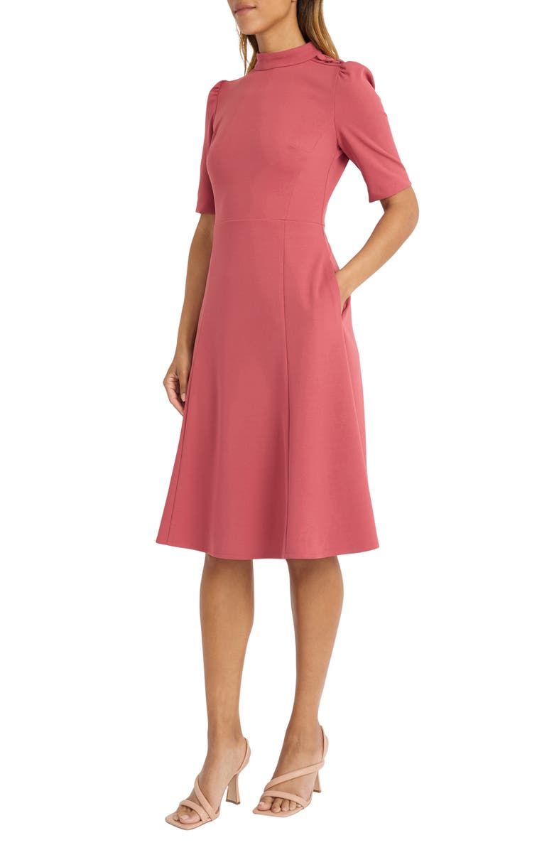 Donna Morgan Mock Neck Button Shoulder Fit & Flare Dress, Alternate, color, Baroque Rose