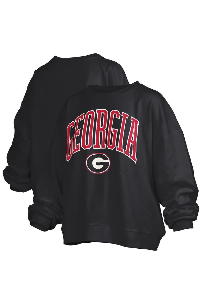 Women's Pressbox Black Georgia Bulldogs Janise Arch Over Logo Waist Length Oversized Pullover Sweatshirt, Alternate, color, Black