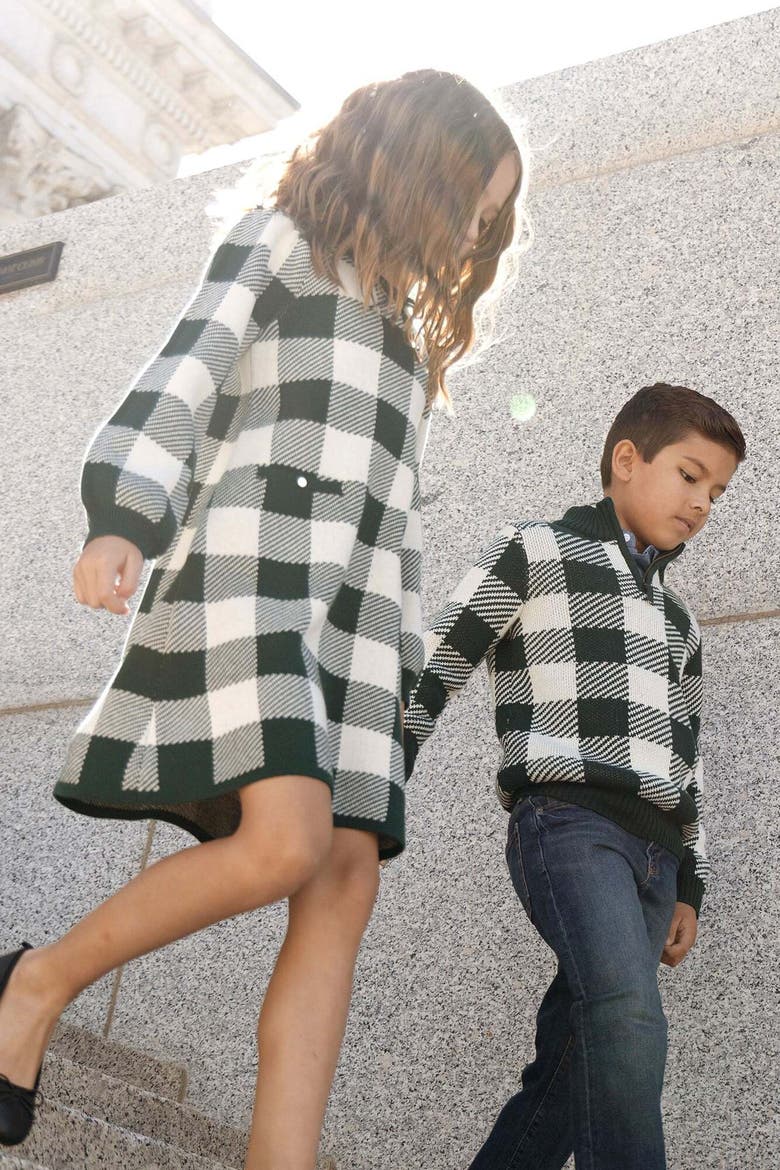 Kids' Organic Half Zip Intarsia Sweater, Alternate, color, Deep Green Check