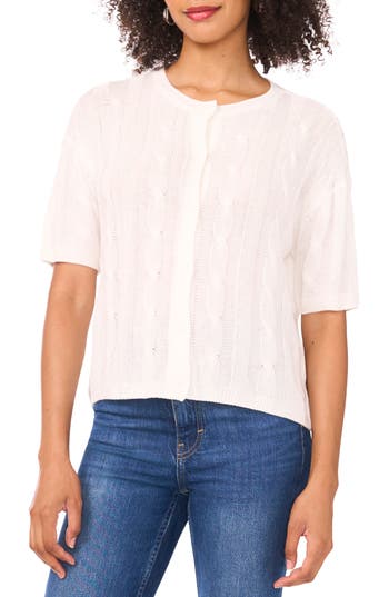 Halogen ® Short Sleeve Cable Knit Cardigan In White