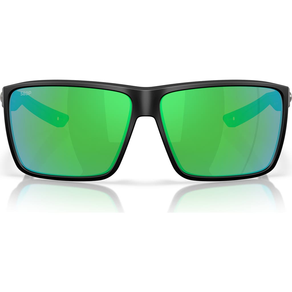 Costa Del Mar Rincon Ii 64mm Mirrored Polarized Oversize Rectangular Sunglasses In Matte Black/green Mirror 580p