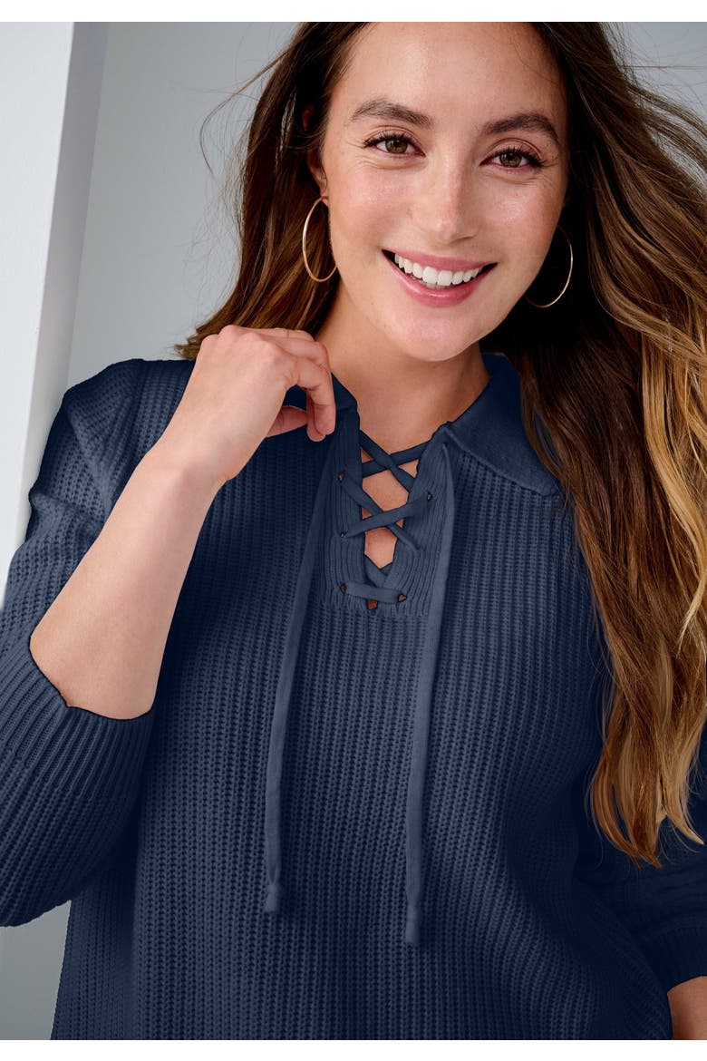 Pullover Collared Lace Up Shaker Sweater, Alternate, color, NAVY