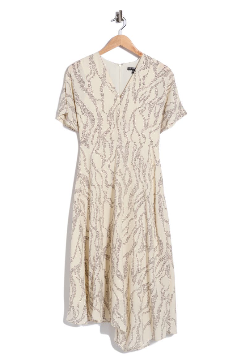 Short Sleeve Asymmetric Hem Midi Dress, Alternate, color, IVORY/ CHARCOAL
