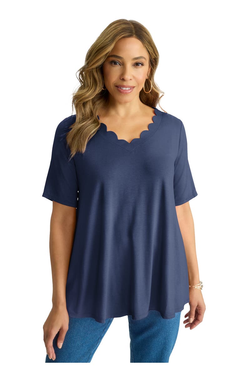 Jessica London Scalloped V-Neck Tunic, Main, color, Navy