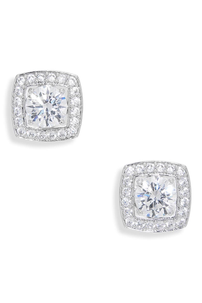 Framed Cubic Zirconia Stud Earrings, Main, color, RHODIUM