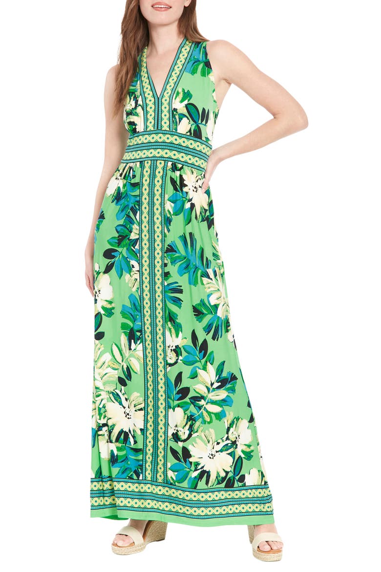 Floral V-Neck Sleeveless Maxi Dress, Main, color, GREEN TEAL