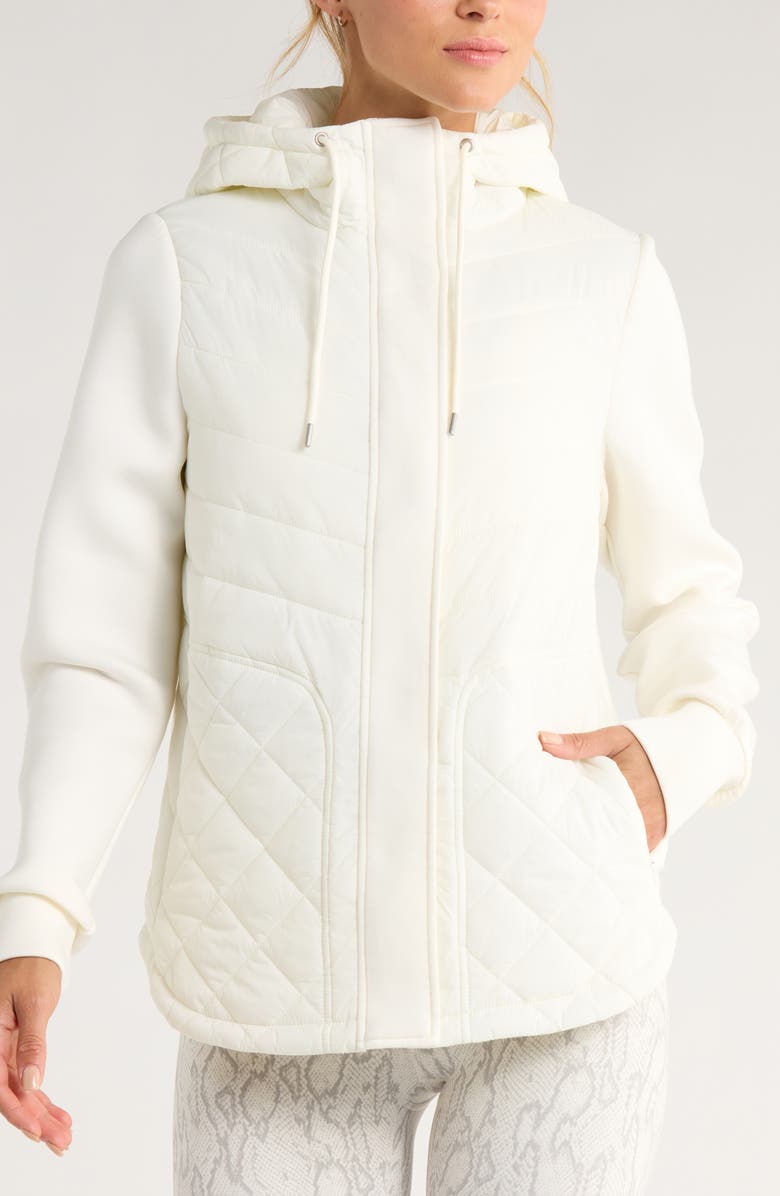 Zella Hybrid Quilted Knit Hooded Jacket, Alternate, color, Ivory Egret