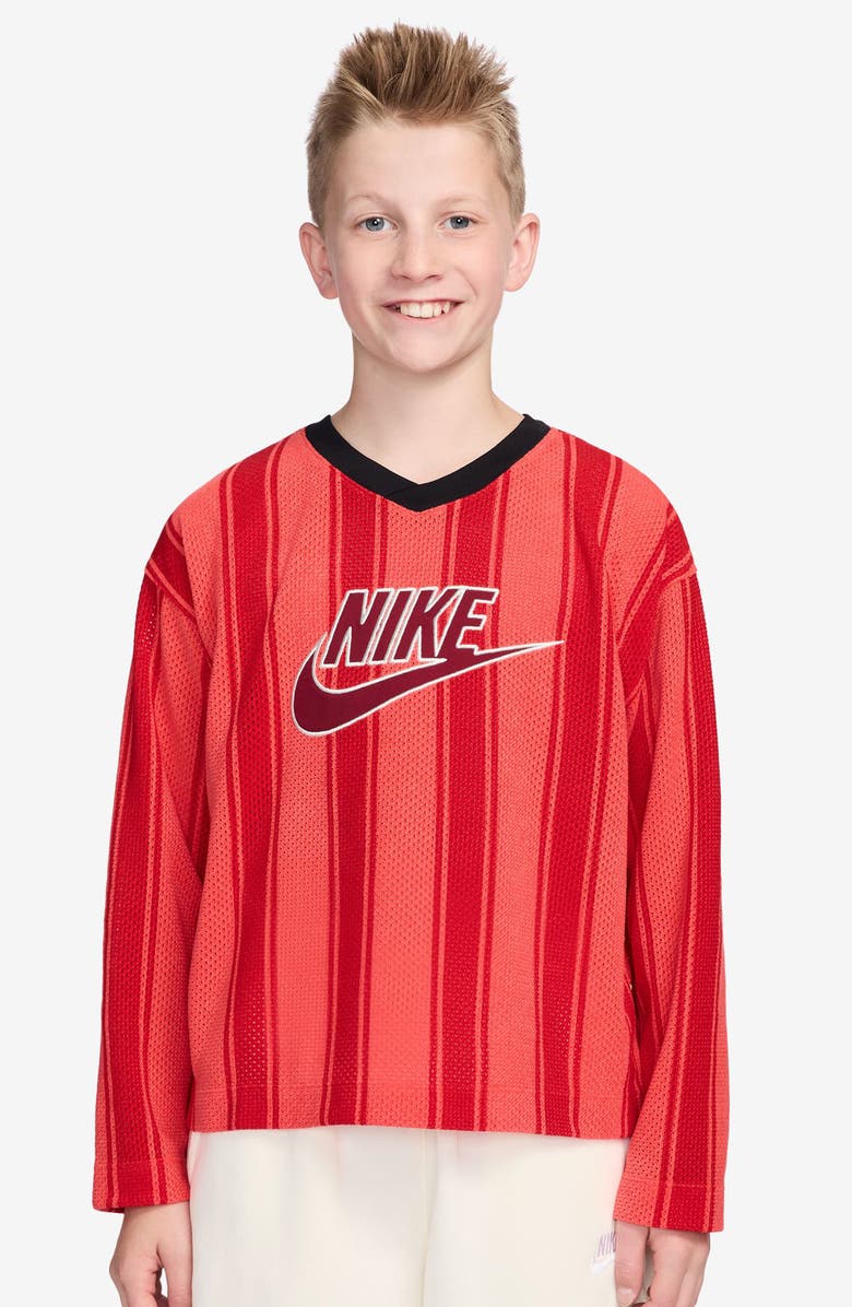 Nike Kids' Sportswear Stripe Long Sleeve Mesh Jersey, Main, color, Light Crimson/ Black/ Crimson