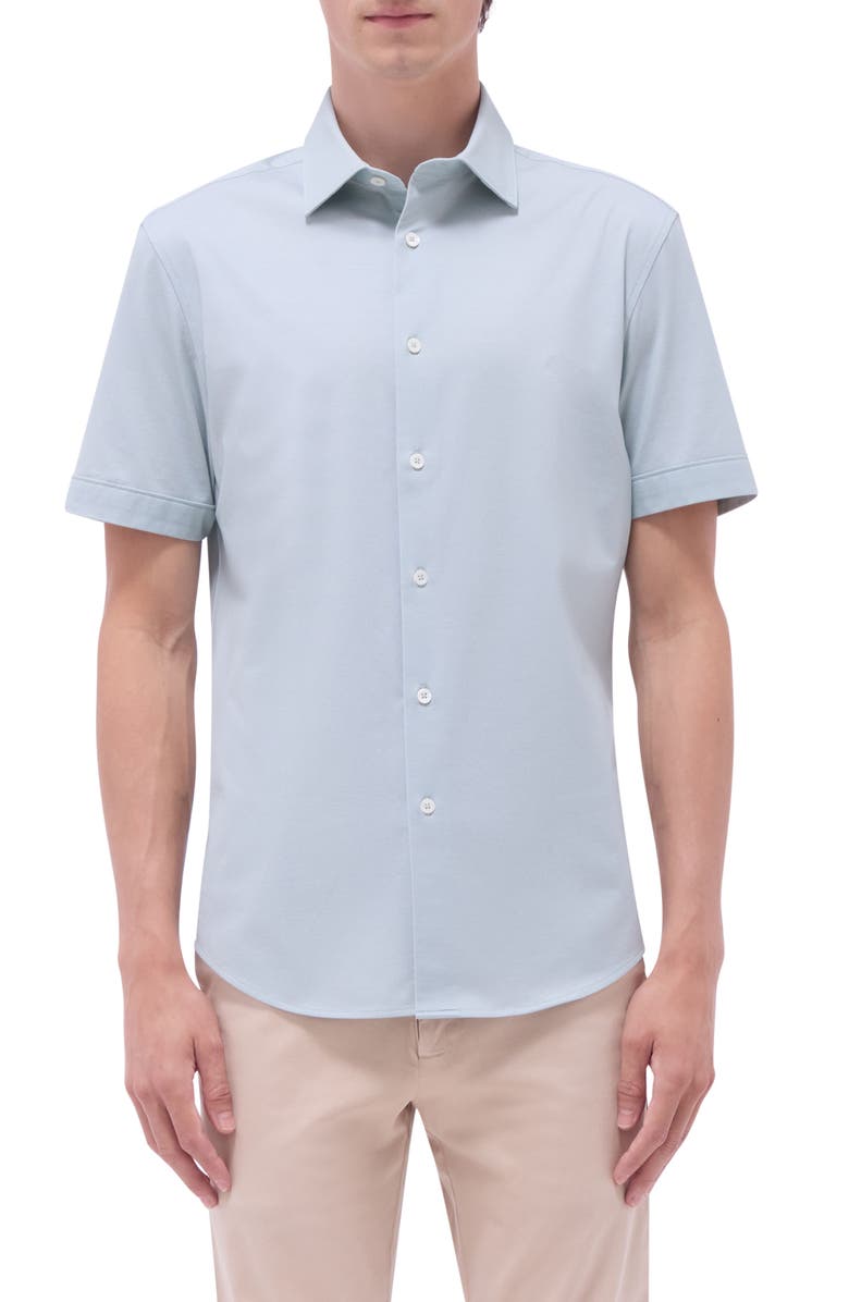 Bugatchi Myron OoohCotton<sup>®</sup> Short Sleeve Herringbone Button-Up Shirt, Main, color, Mint