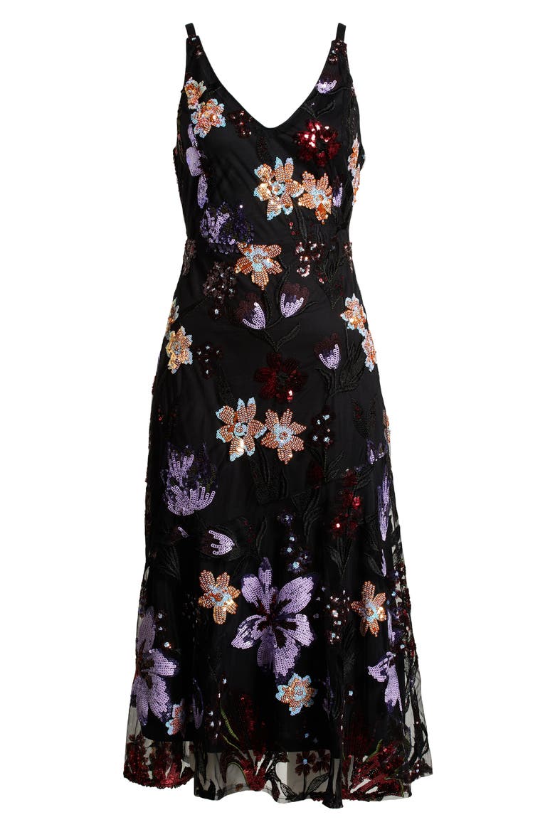 Ali Floral Sequin Midi Dress, Alternate, color, BLACK/ MULTI