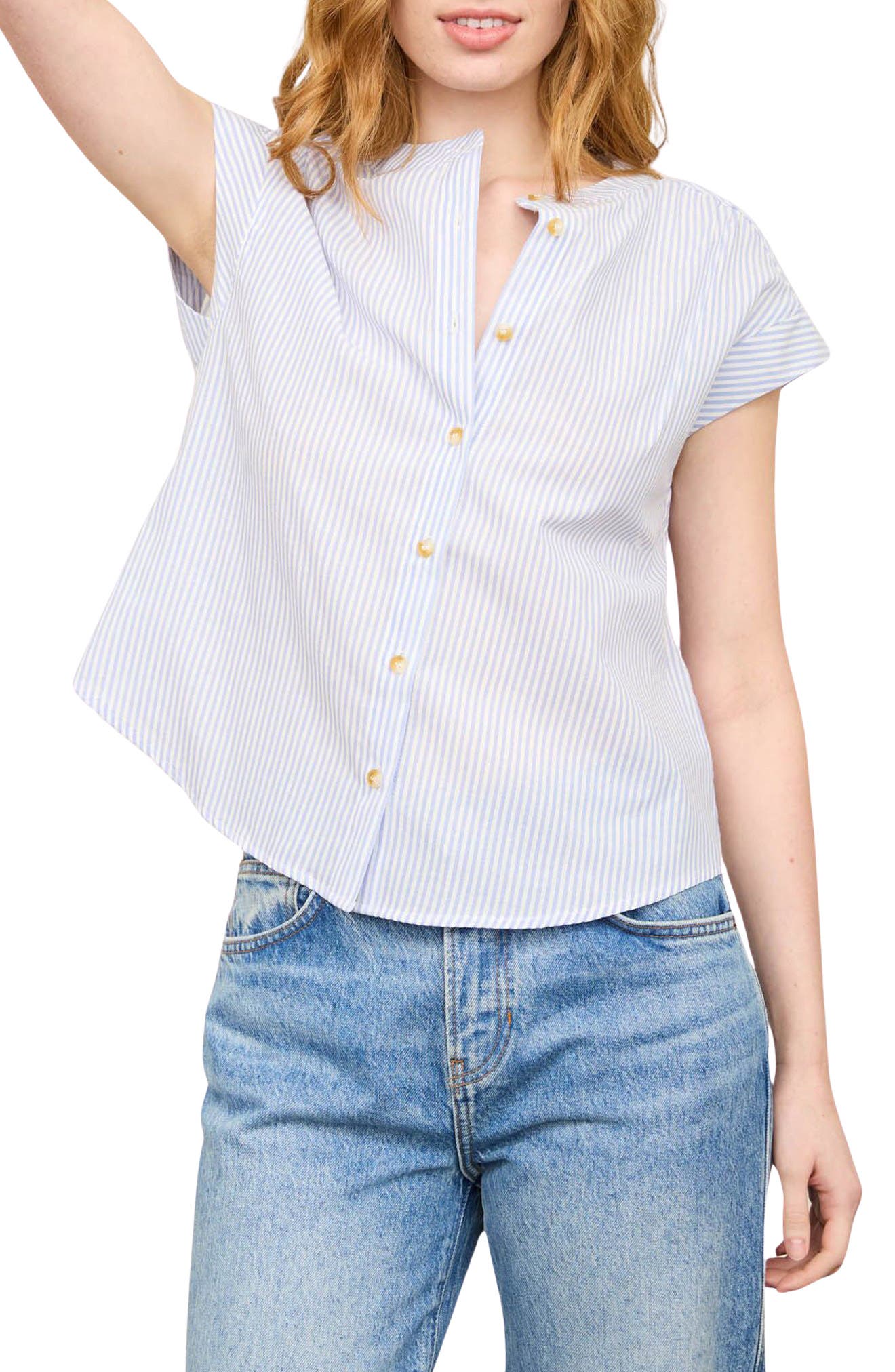 Stripe Cap Sleeve Button-Up Top - image 5