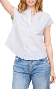 Blu Pepper Stripe Cap Sleeve Button-Up Top