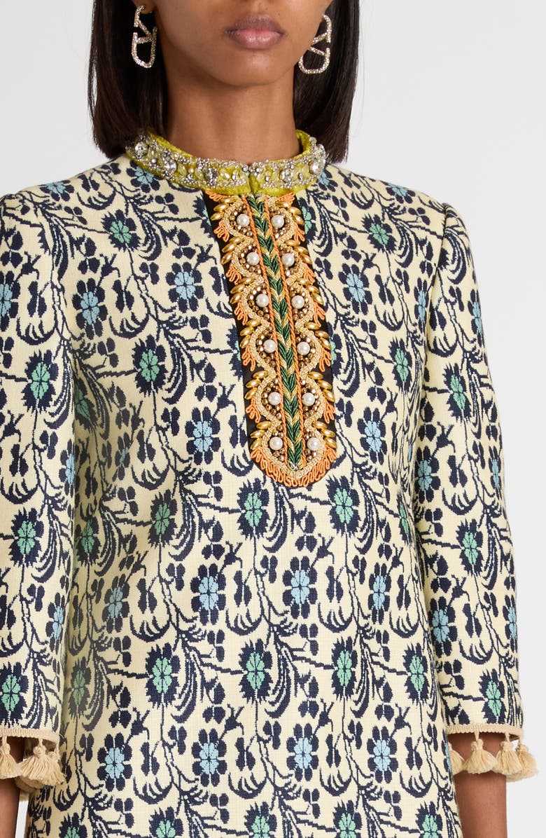 Valentino Garavani Embroidered Silk Jacquard Shift Dress, Alternate, color, Brown/ Blue