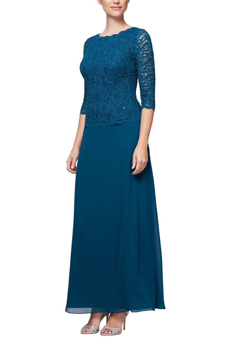 Sequin Lace & Chiffon Gown, Main, color, PEACOCK