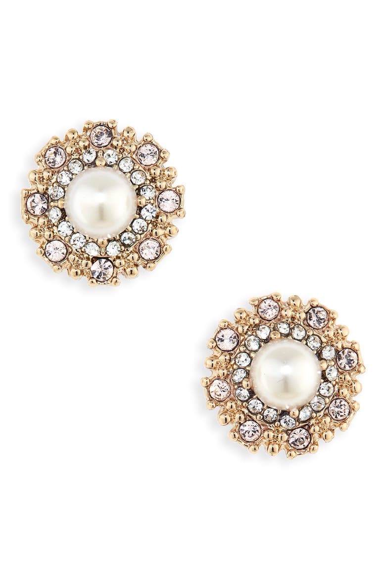 Pavé Halo Imitation Pearl Stud Earrings, Main, color, GOLD/ BLUSH