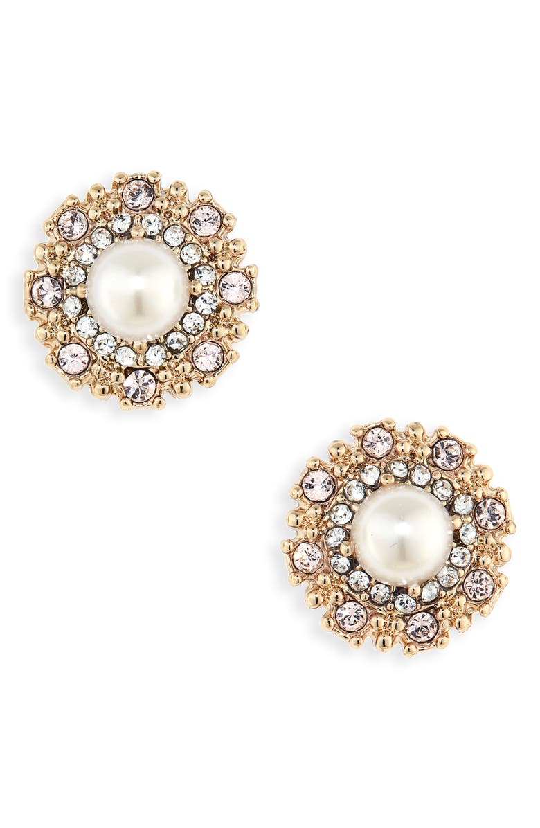 Marchesa Pavé Halo Imitation Pearl Stud Earrings, Main, color,