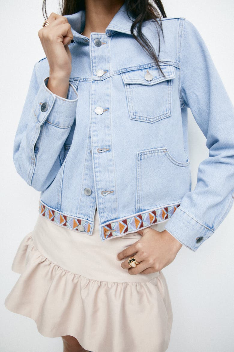 Embroidery-detail Denim Jacket, Alternate, color, Light denim blue
