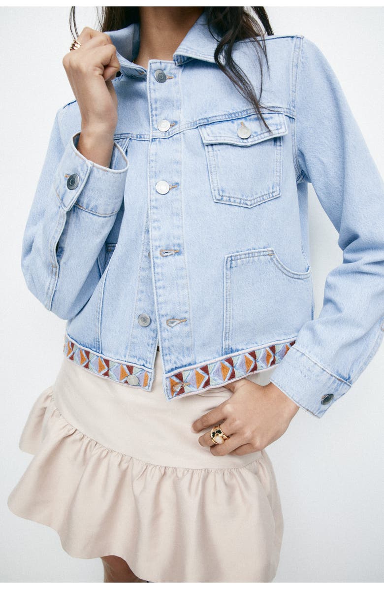 H&M Embroidery-detail Denim Jacket, Alternate, color, Light Denim Blue
