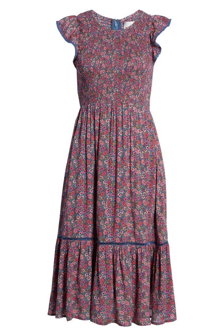 Orchid Print Smocked Midi Dress, Alternate, color, BLUE MULTI