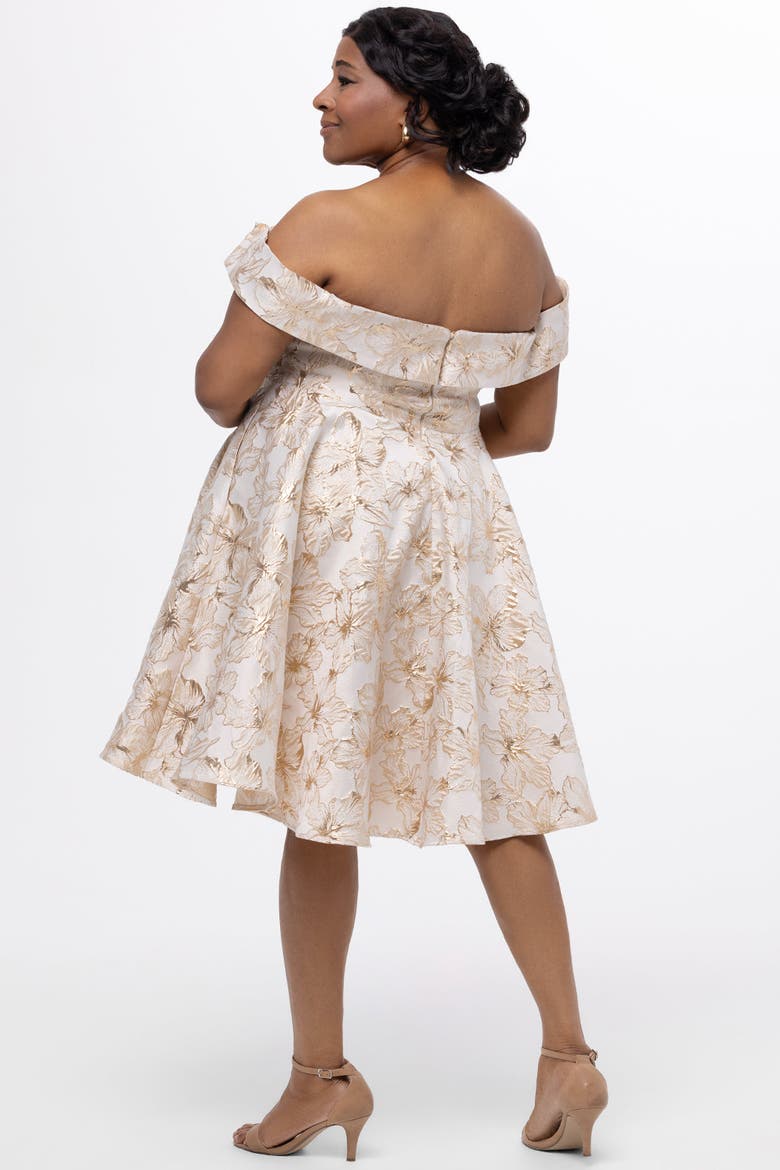 Off-The-Shoulder Brocaade Plus Size Party Dress, Alternate, color, Gold Floral