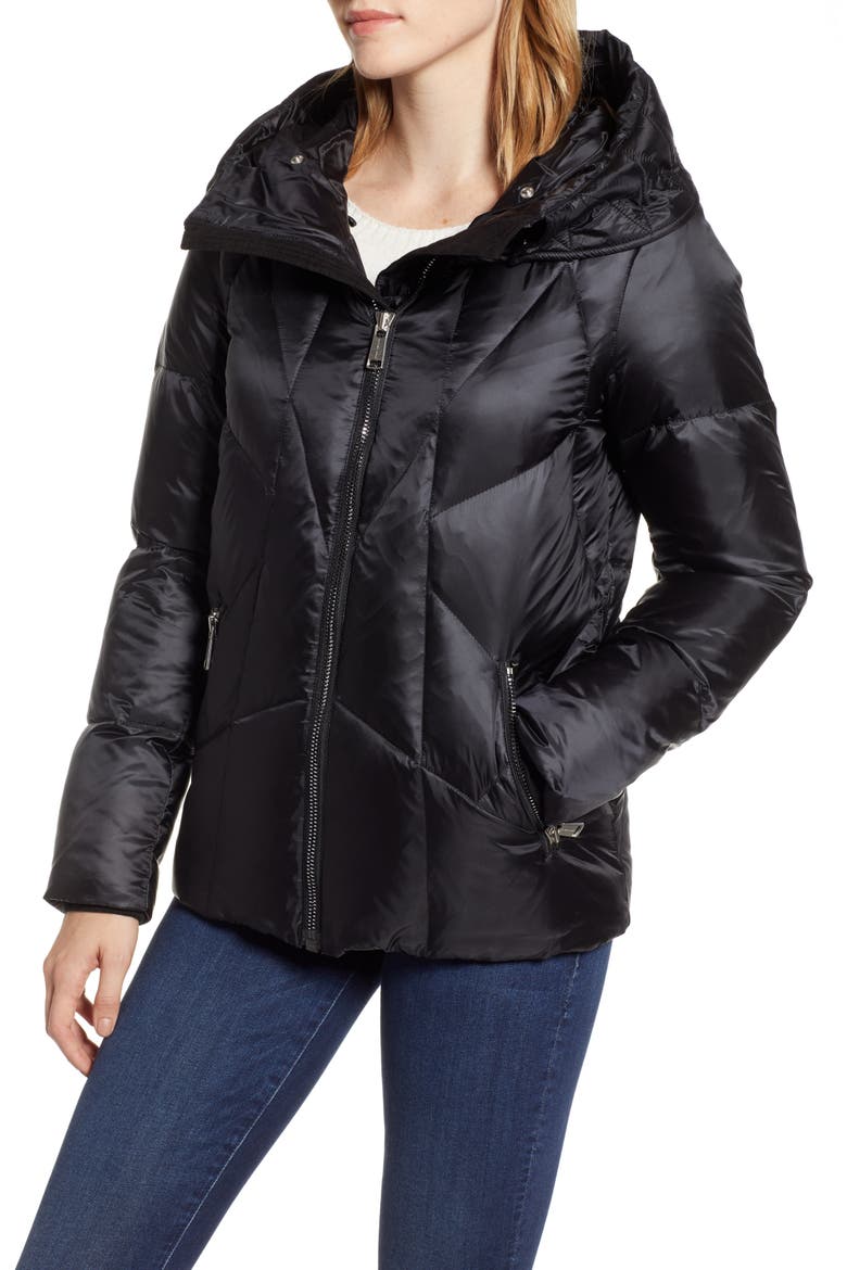 Artistic Puffer Jacket with Removable Genuine Fox Fur Trim, Alternate, color, BLACK
