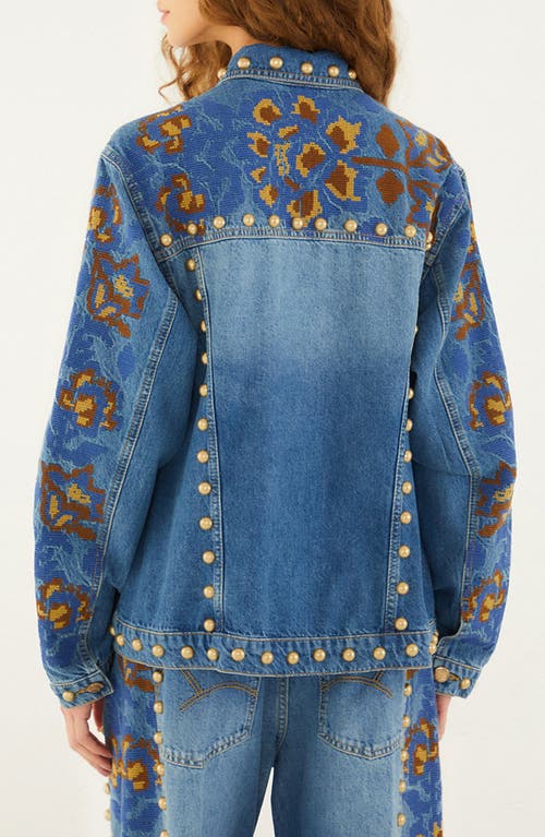 Farm Rio Embroidered Studded Denim Jacket In Blue