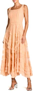 Mac Duggal Scoop Neck Sleeveless Mesh Micro Ruffle Midi Dress