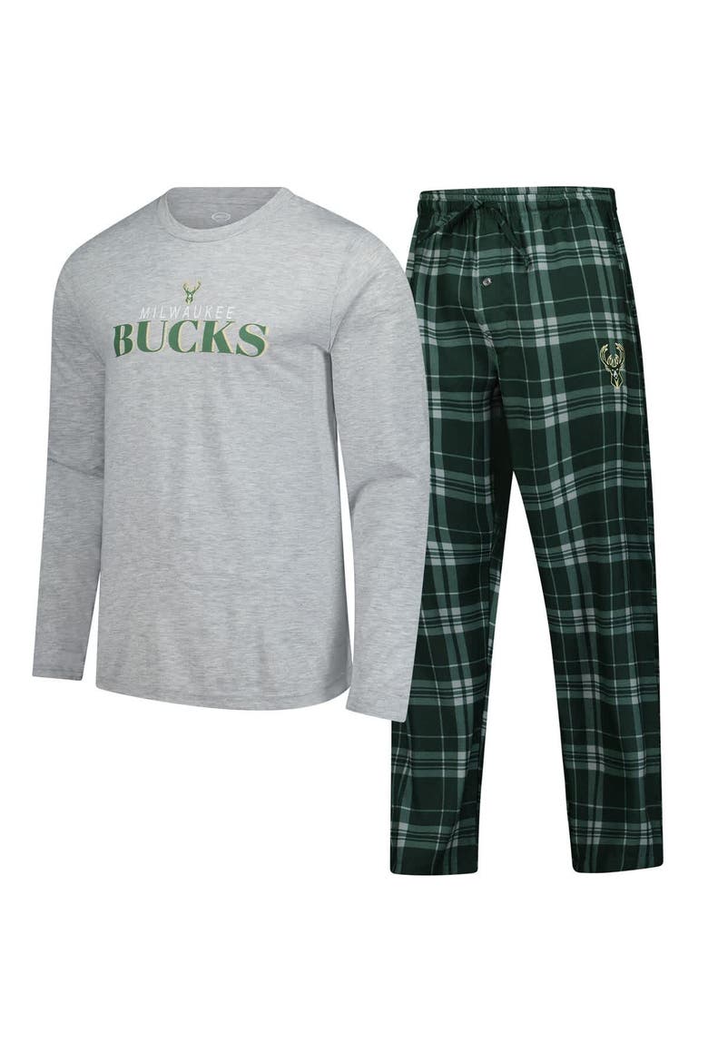 Men's Concepts Sport Hunter Green Milwaukee Bucks Regulate Long Sleeve T-Shirt & Plaid Pant Set, Main, color, Hunter Green