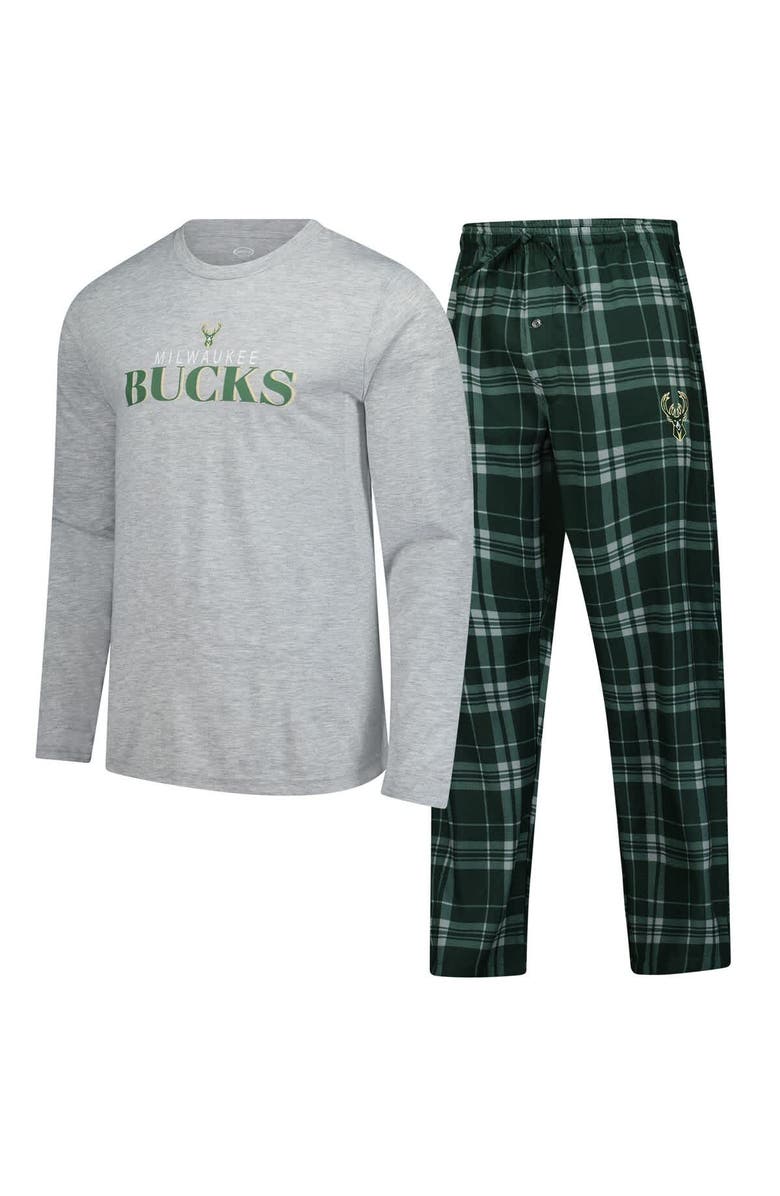 CONCEPTS SPORT Men's Concepts Sport Hunter Green Milwaukee Bucks Regulate Long Sleeve T-Shirt & Plaid Pant Set, Main, color, Hunter Green