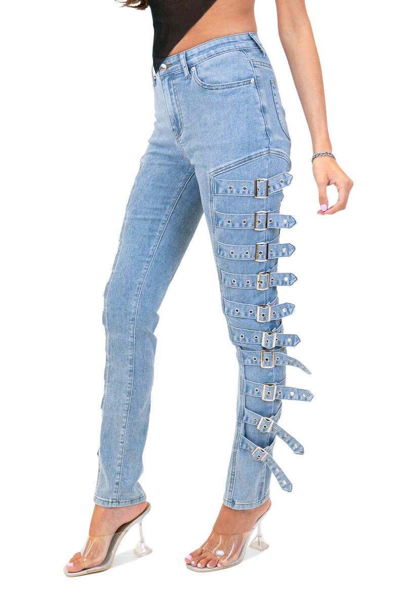 Buckle Up Stretch Skinny Jeans, Alternate, color, BLUE