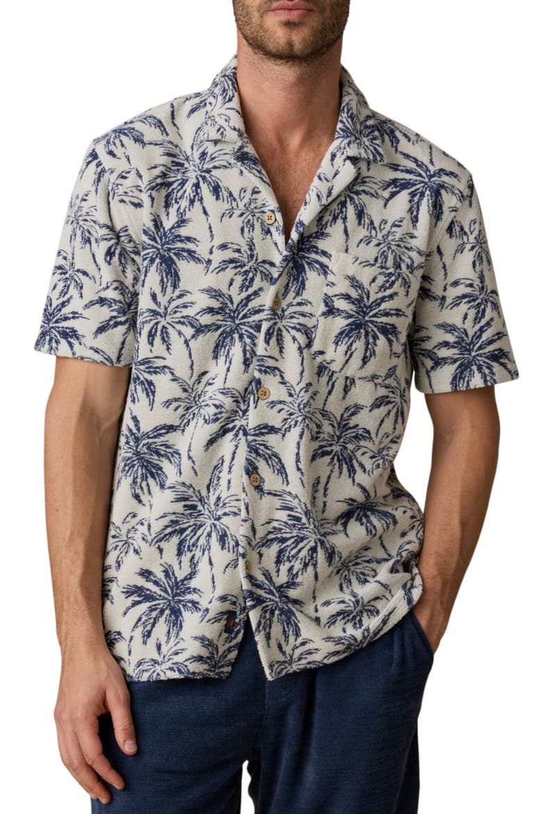 Cabana Floral Short Sleeve Terry Cloth Button-Up Shirt, Main, color, IVORY TROPIC TREES