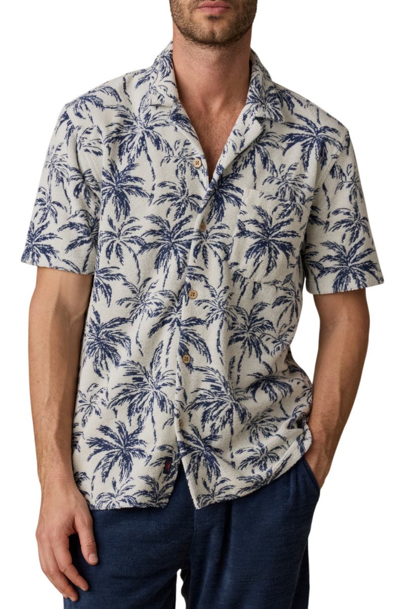 Faherty Cabana Floral Short Sleeve Terry Cloth Button-Up Shirt, Main, color, Ivory Tropic Trees