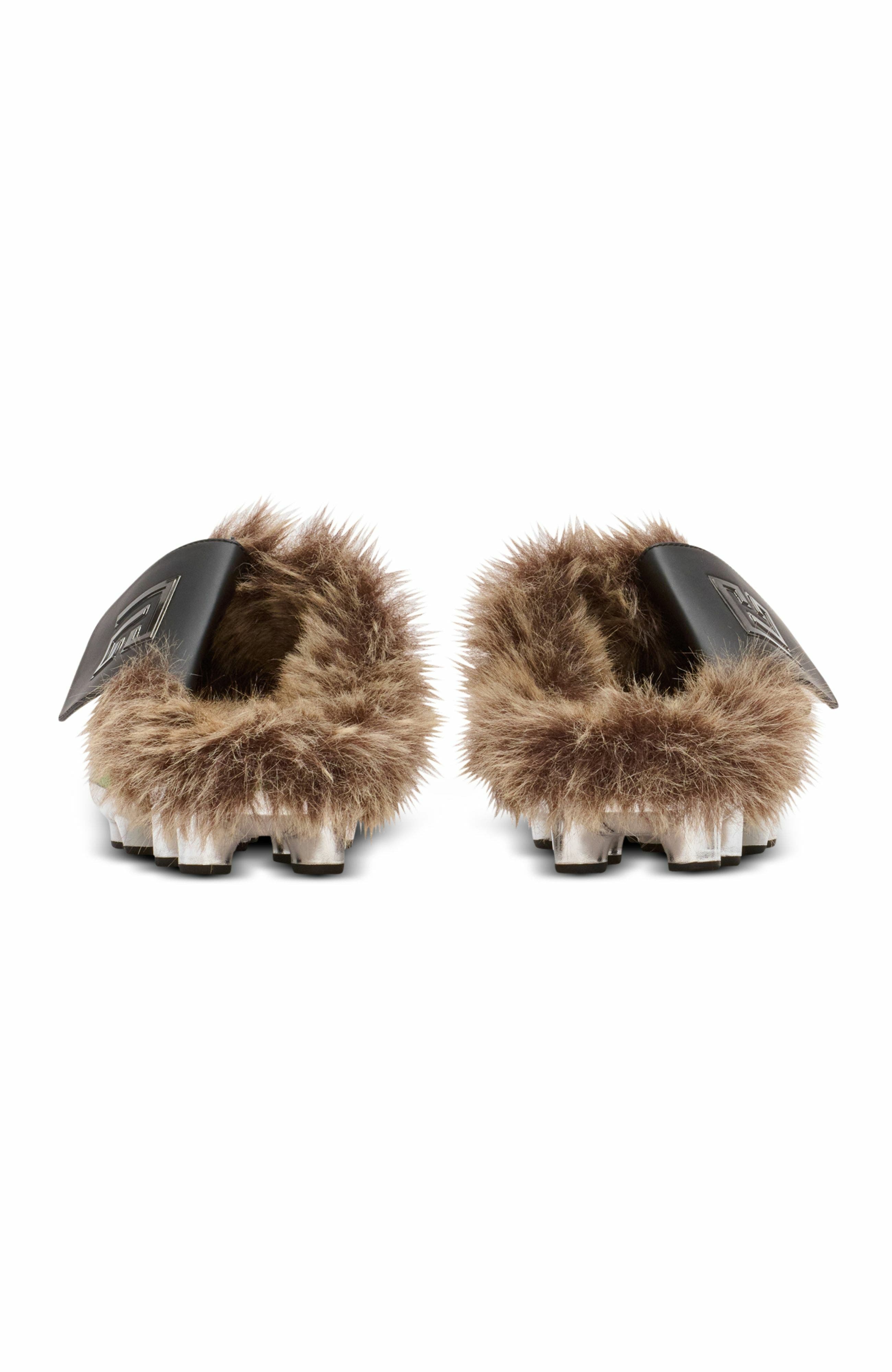 Balmain Half Time Faux Fur-Lined Mules With Technical Fabrics, Alternate, color, Green