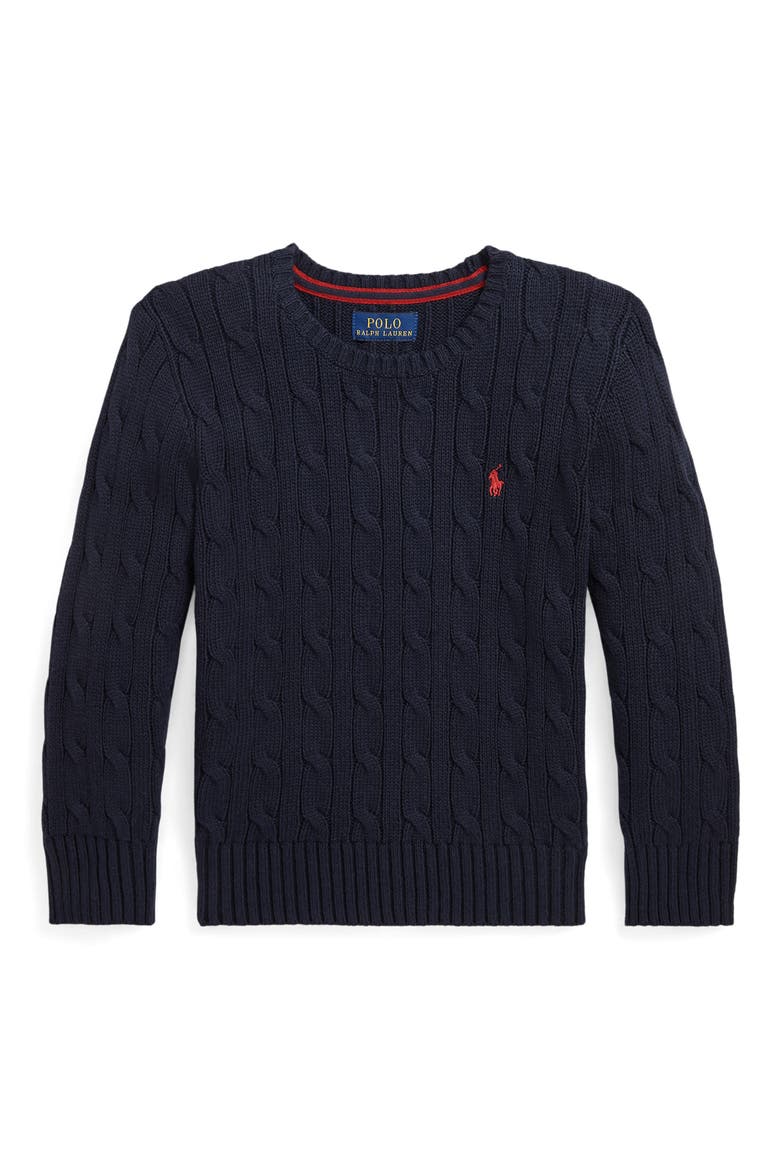 Kids' Cotton Cable Knit Crewneck Sweater, Main, color, NAVY