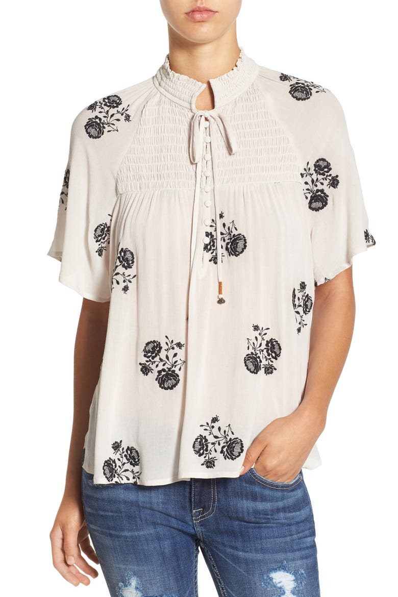 Embroidered Woven Top, Main, color, WHITE W/ BLACK EMBROIDERY