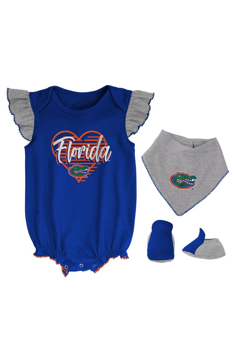 Outerstuff Girls Newborn & Infant Royal/Heather Gray Florida Gators All The Love Bodysuit Bib & Booties Set, Main, color,