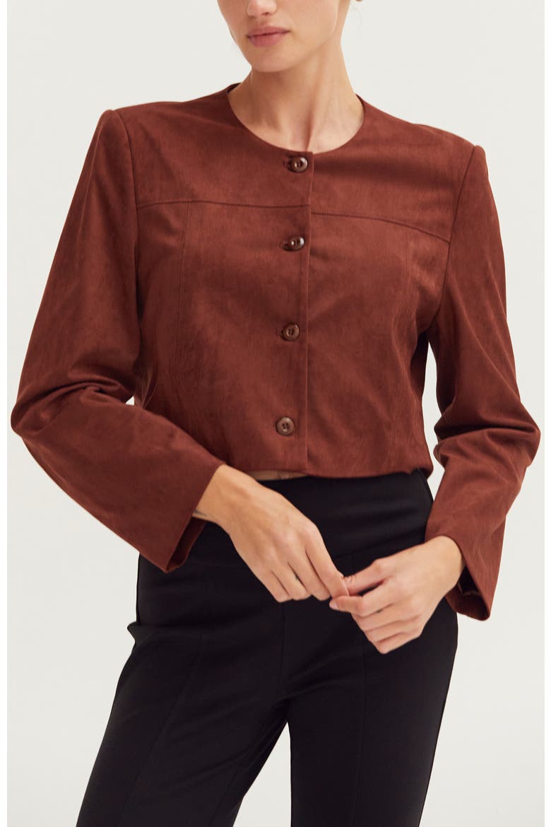 Faux Suede Collarless Cropped Jacket, Main, color, Brown