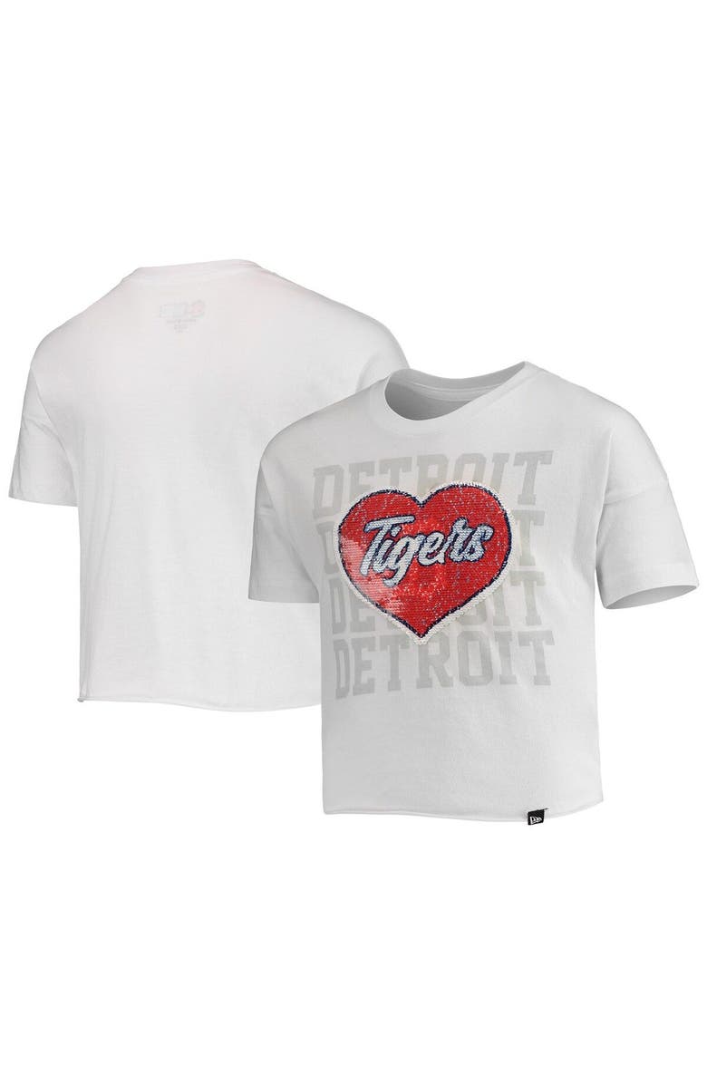 New Era Girls Youth New Era White Detroit Tigers Flip Sequin Heart Crop Top, Alternate, color, 