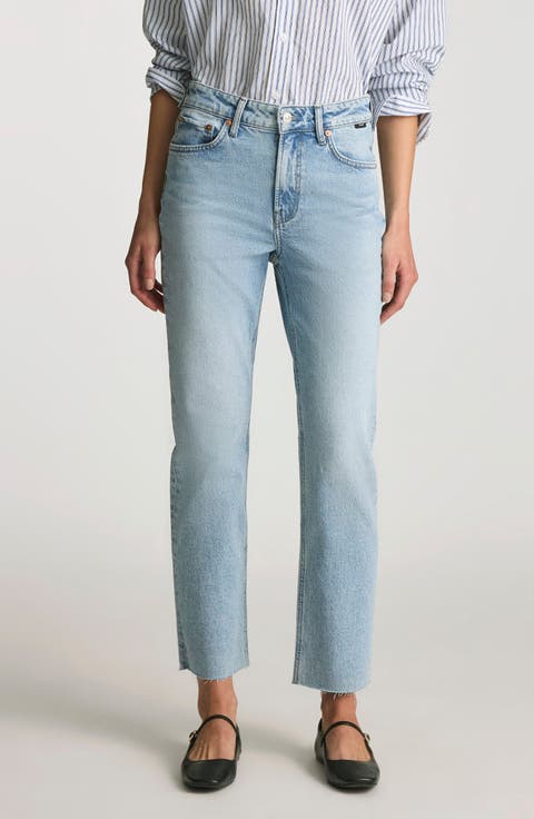 New York Raw Hem High Waist Ankle Straight Leg Jeans (Light Brushed Classic Blue)