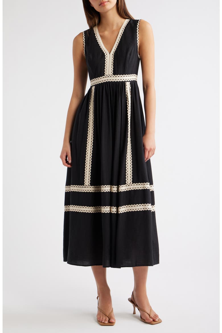 Rickrack Sleeveless Midi Dress, Main, color, BLACK