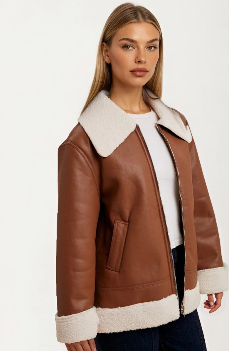 Knit and Lounge Faux Shearling Trim Moto Jacket, Alternate, color, 