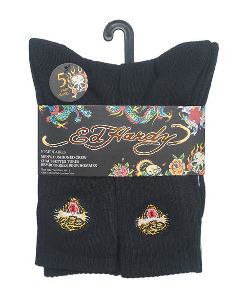 Ed Hardy Mens Embroidery Half Cushion Crew Sock 5-pack In Brown