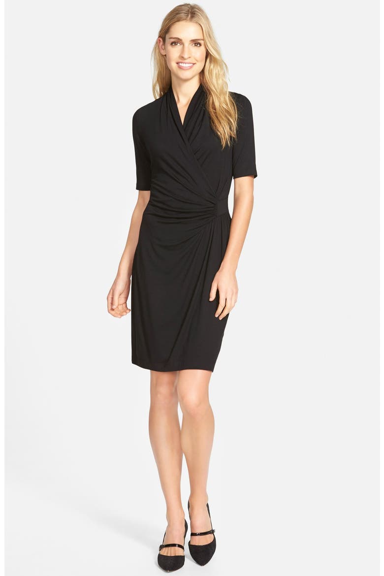 Pencil Sleeve Faux Wrap Dress, Main, color, BLACK