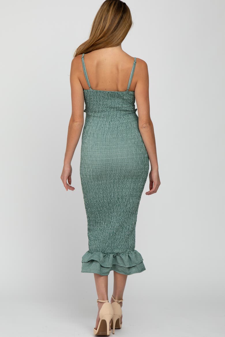 Gingham Print Smocked Fitted Self-Tie Midi Dress, Alternate, color, Green